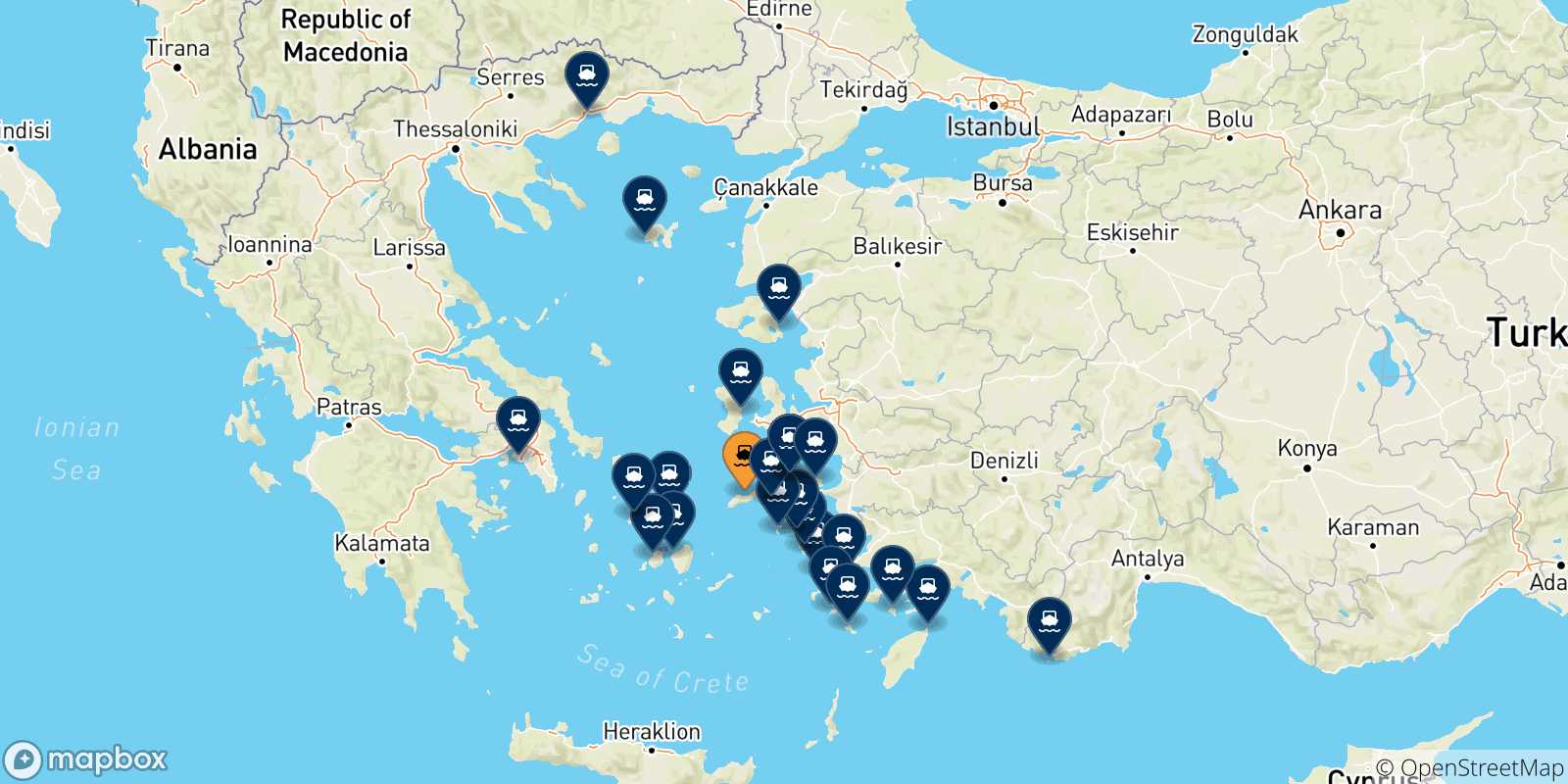 Mappa delle possibili rotte tra Agios Kirikos (Ikaria) e la Grecia