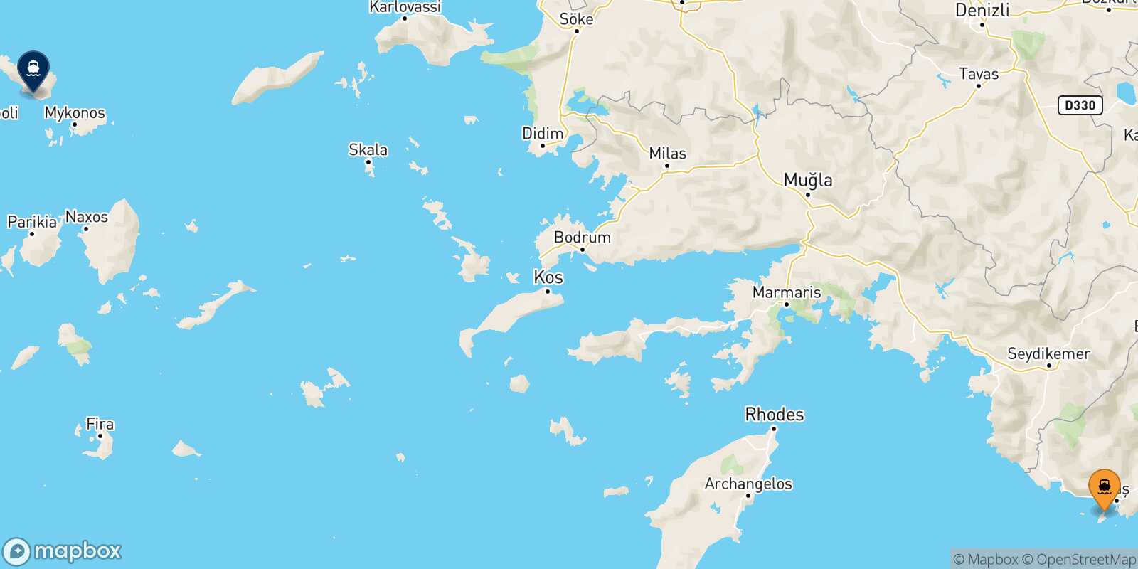Mappa della rotta Kastellorizo Tinos