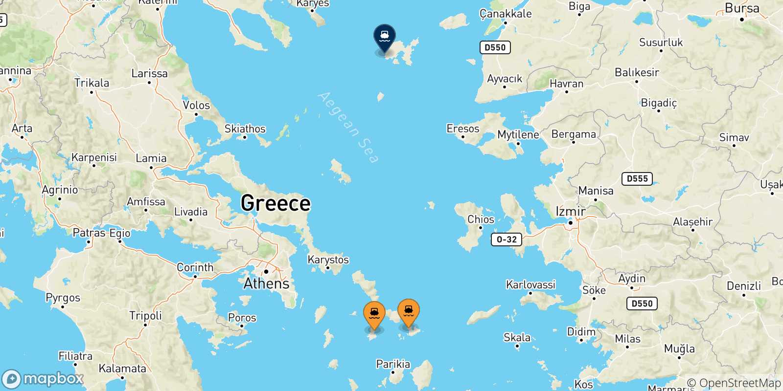 Mappa delle possibili rotte tra le Isole Cicladi e Mirina (Limnos)