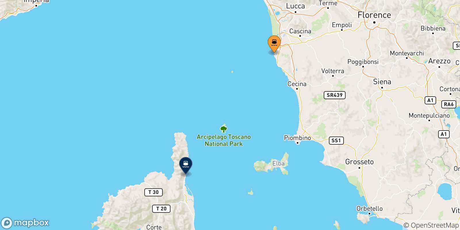 Mappa delle possibili rotte tra Livorno e la Corsica