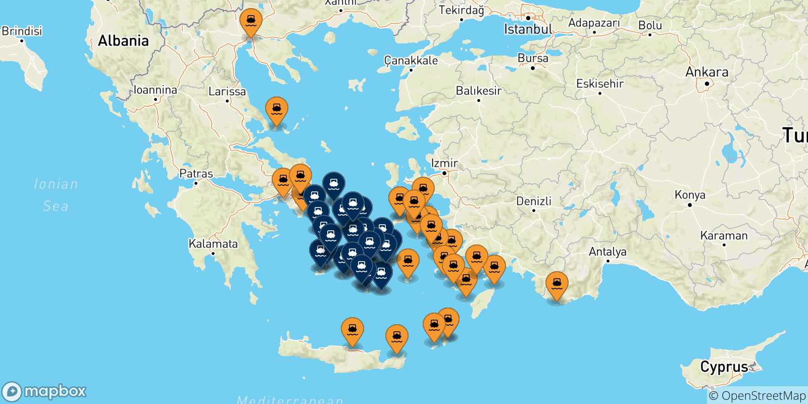 Mappa delle possibili rotte tra la Grecia e le Isole Cicladi