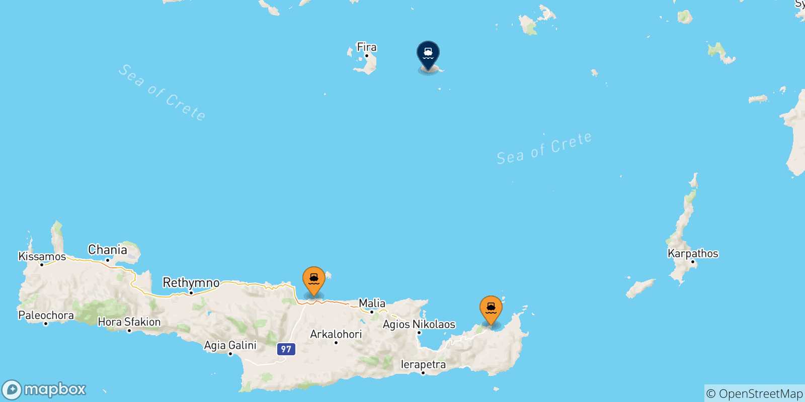 Mappa delle possibili rotte tra Creta e Anafi