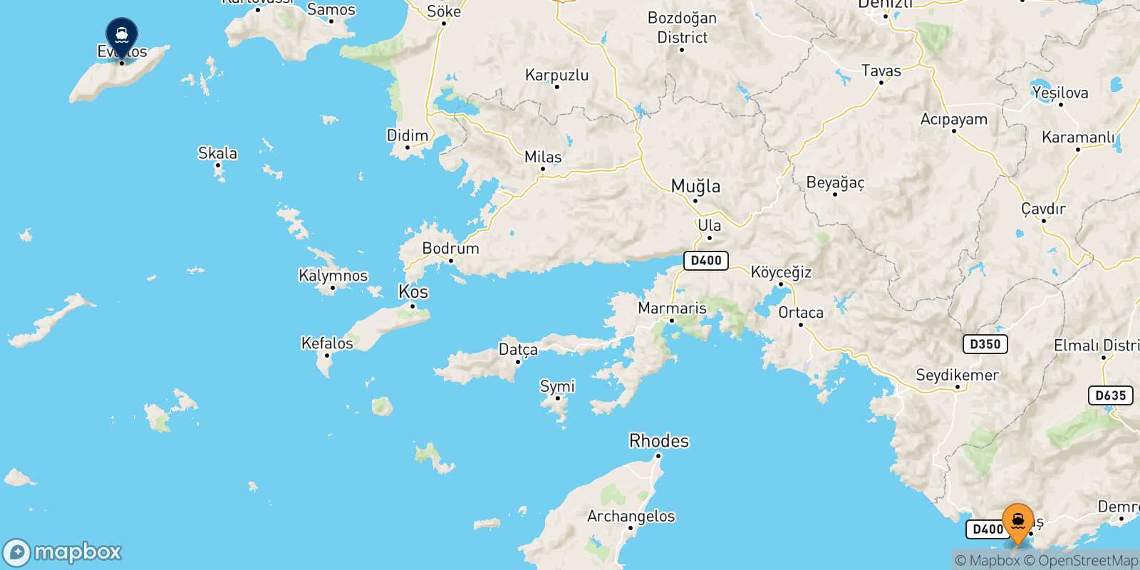 Mappa della rotta Kastellorizo Agios Kirikos (Ikaria)