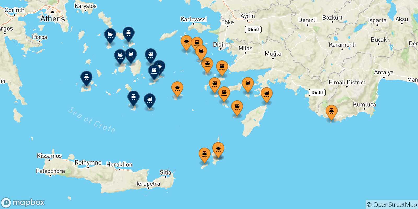 Mappa delle possibili rotte tra le Isole Dodecaneso e le Isole Cicladi