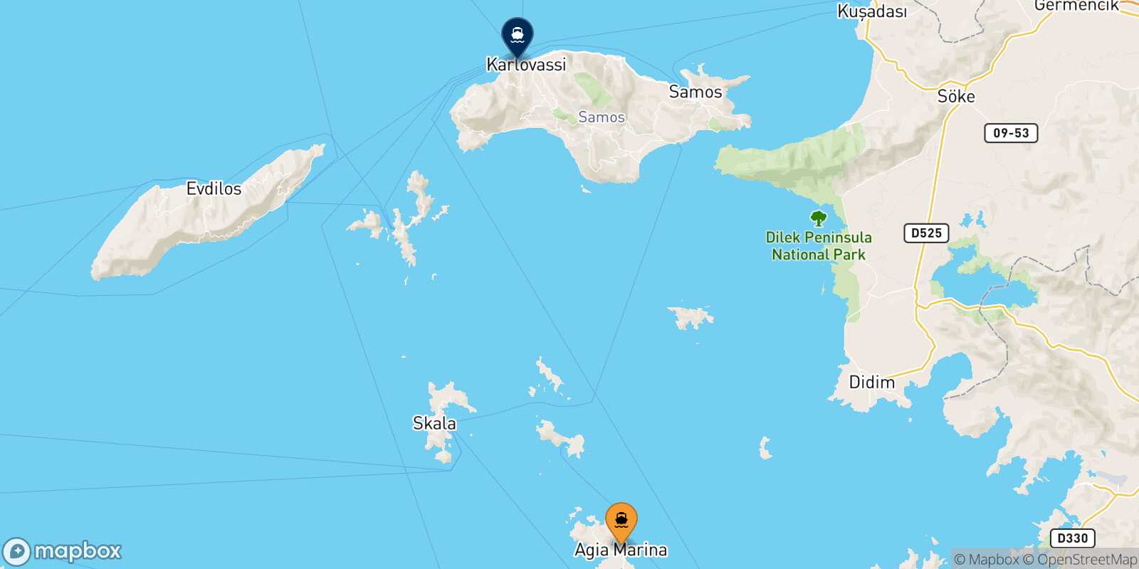 Mappa della rotta Agia Marina (Leros) Pythagorio (Samos)
