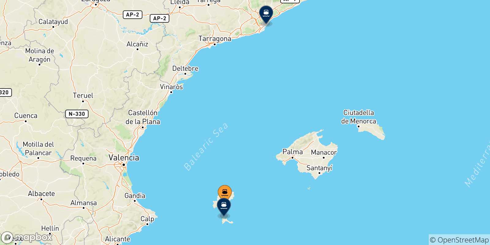 Mappa delle possibili rotte tra Ibiza e la Spagna
