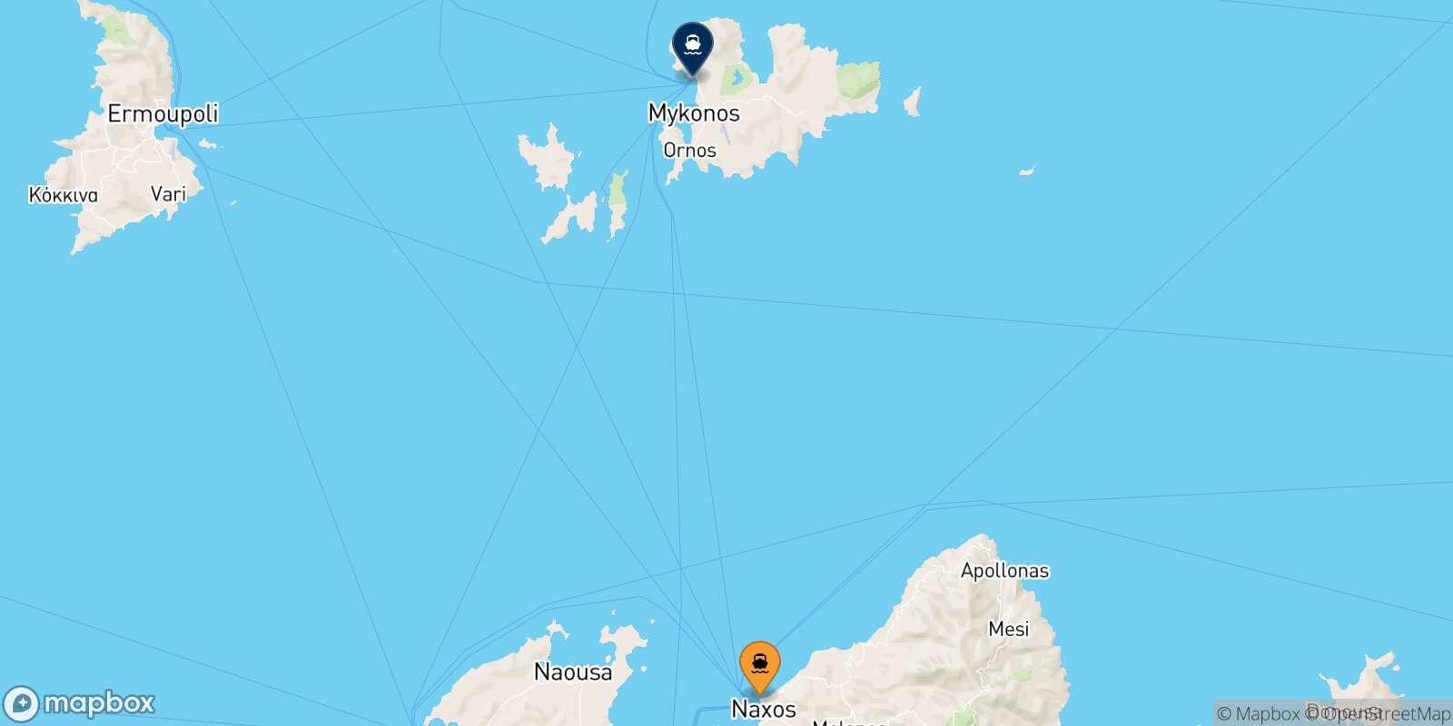 Mappa della rotta Naxos Mykonos