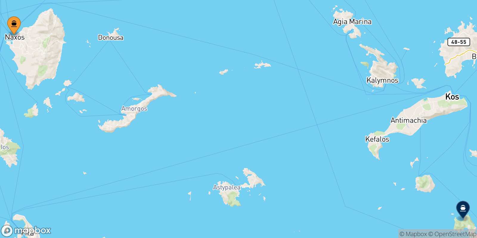 Mappa della rotta Naxos Tilos