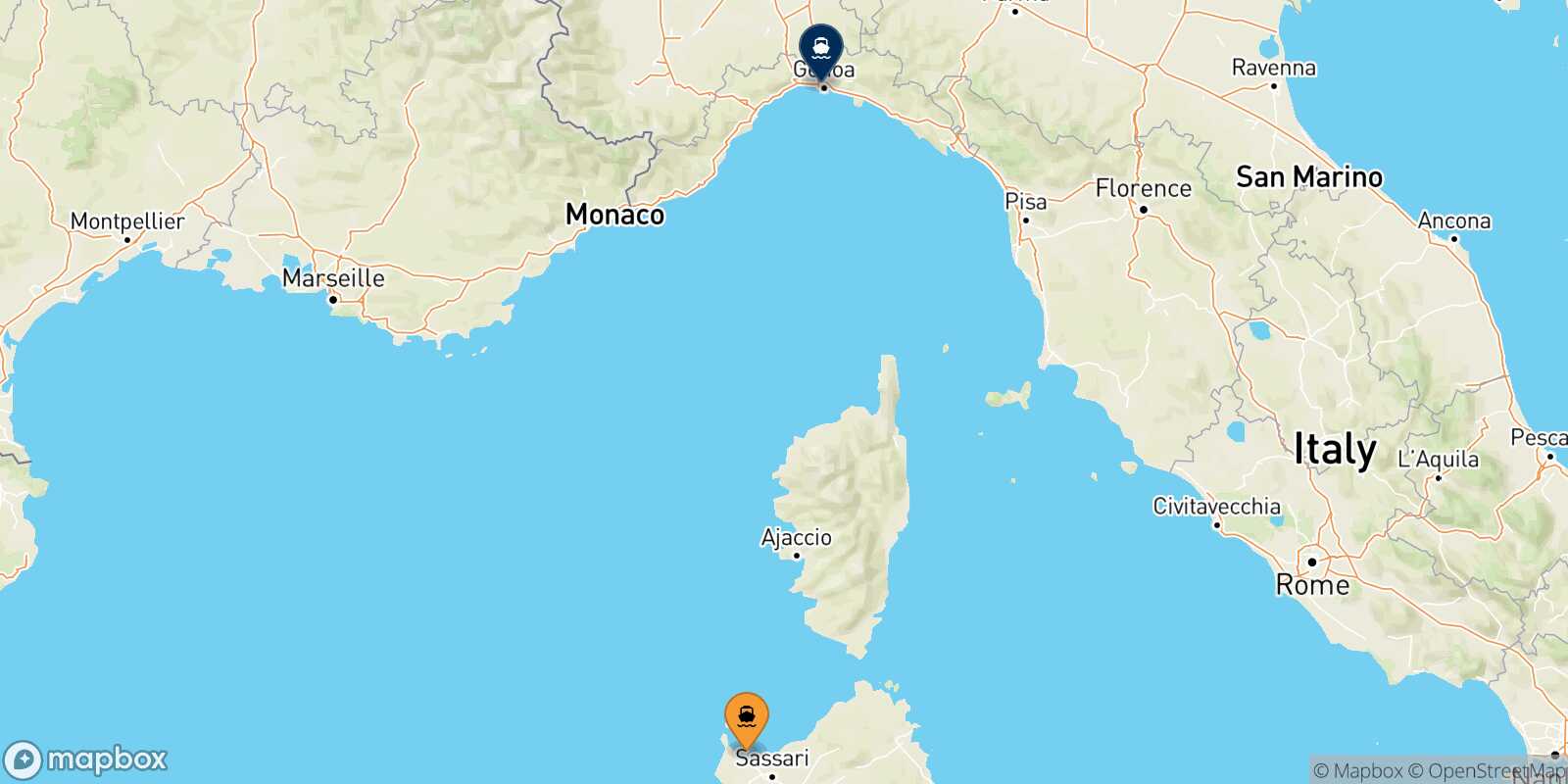 Mappa della rotta Porto Torres Genova