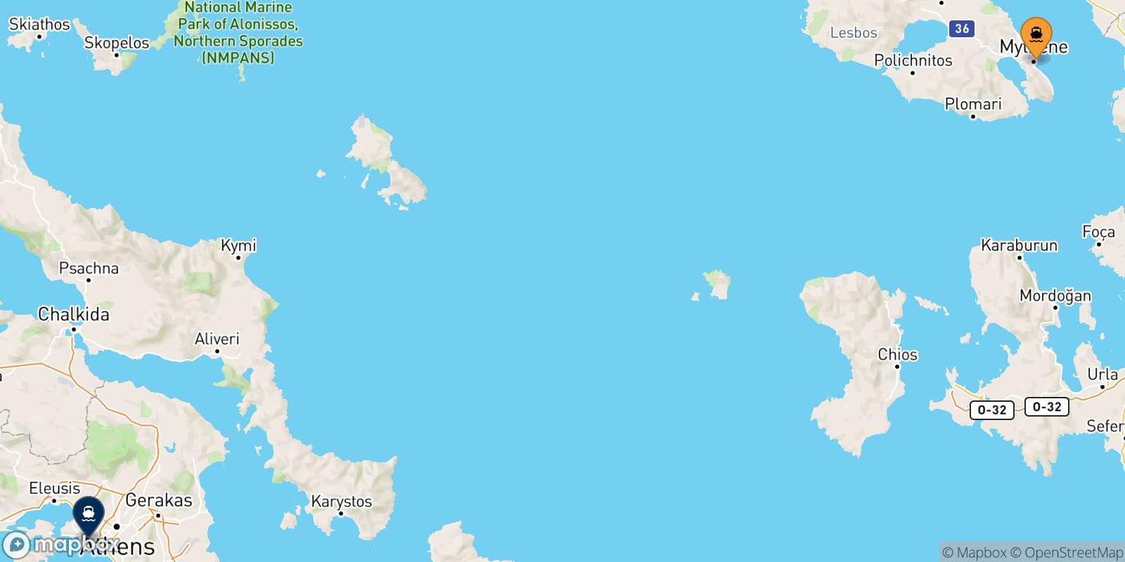 Mappa della rotta Mitilini (Lesvos) Pireo