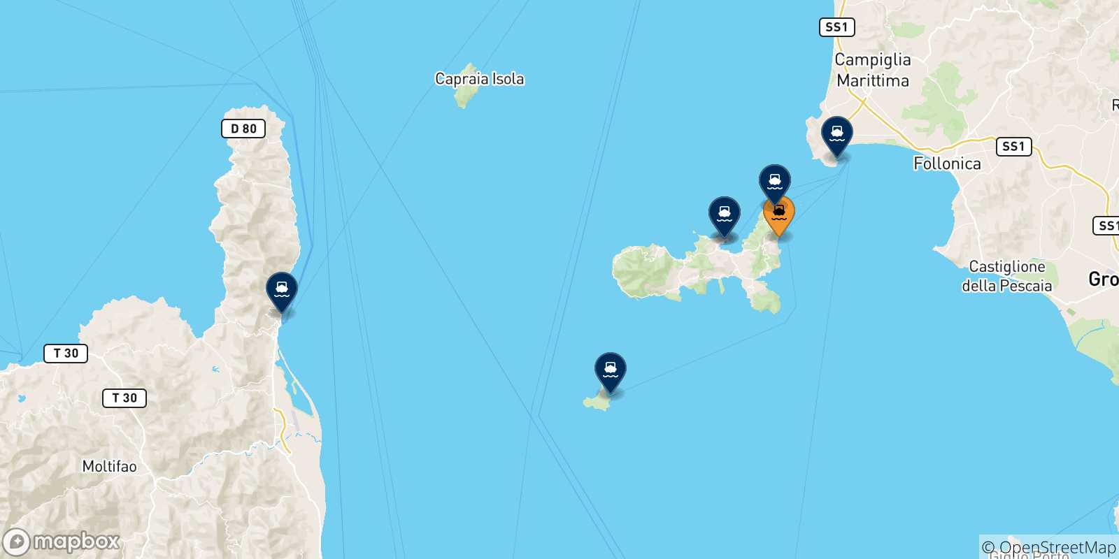 Mappa delle destinazioni raggiungibili dall' Isola D'elba