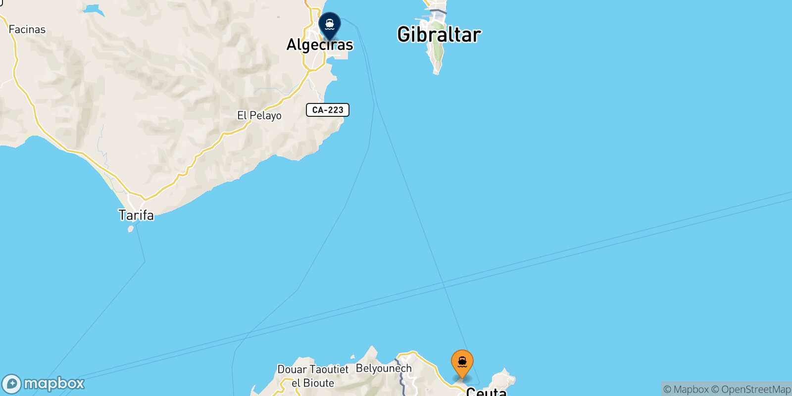 Mappa delle destinazioni raggiungibili da Ceuta