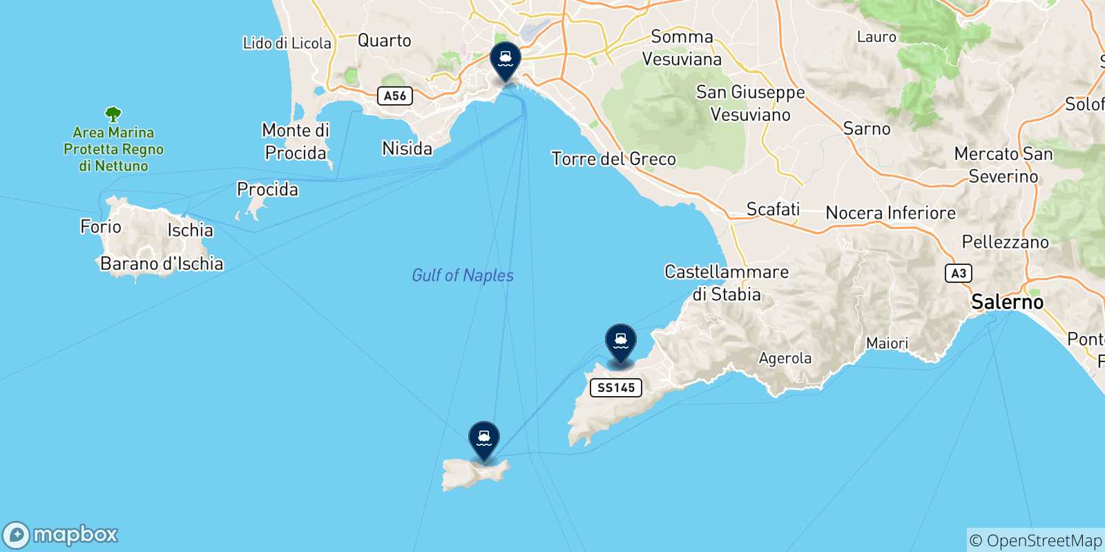 Mappa delle possibili rotte tra Castellammare e l'Italia