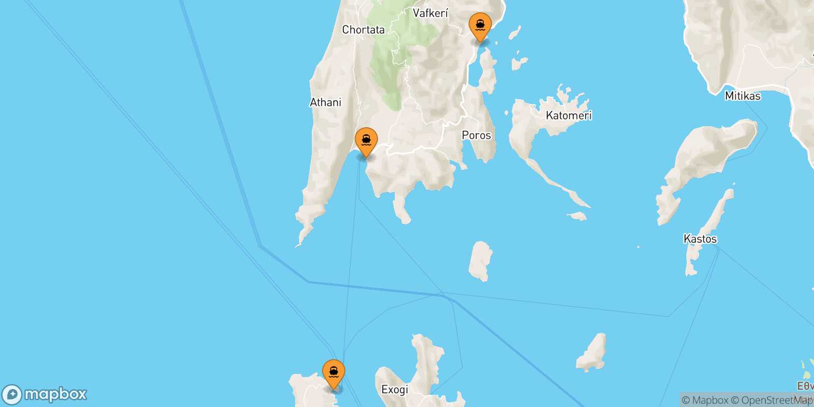 Mappa dei porti collegati con  Frikes (Itaca)