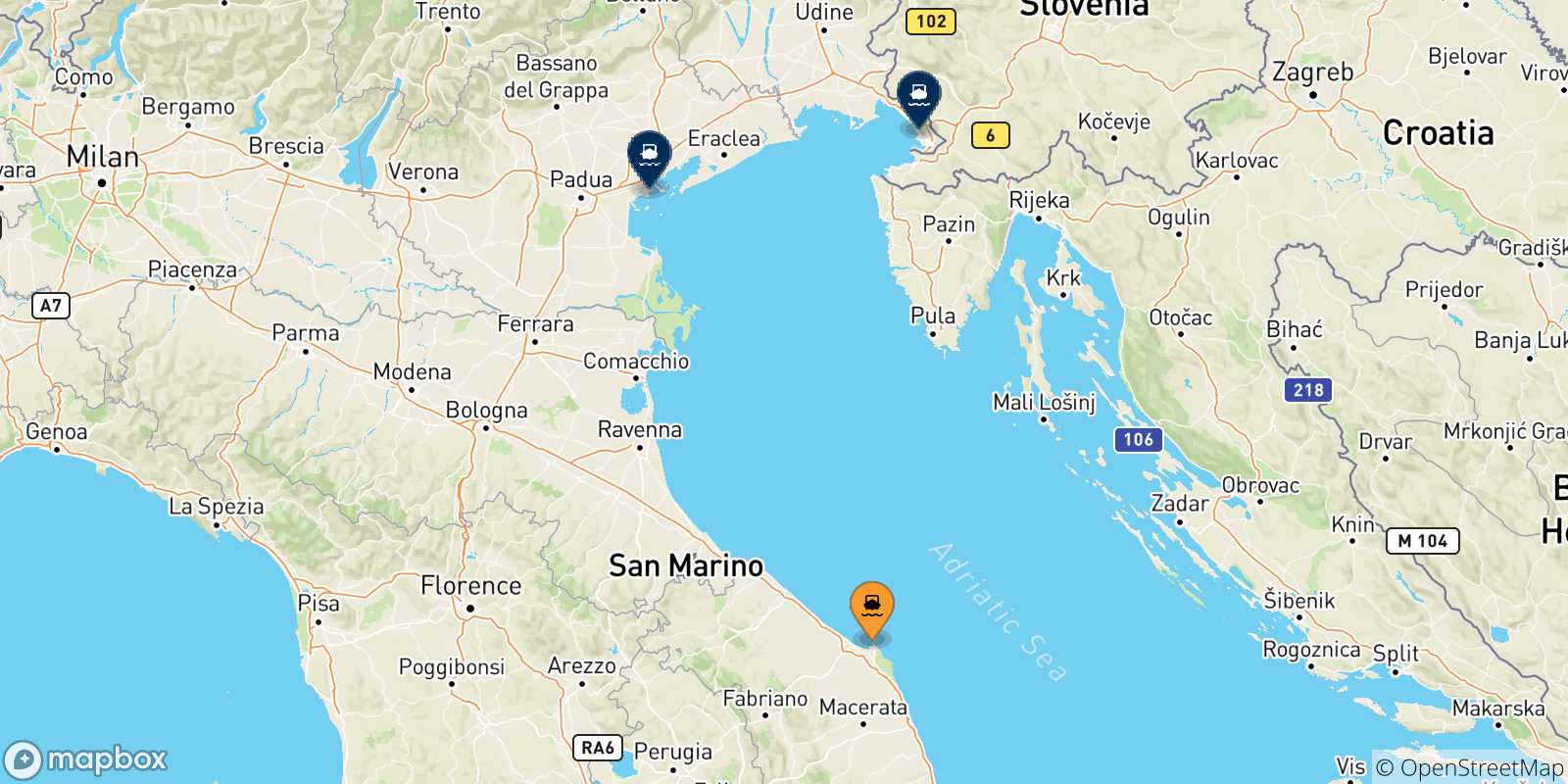 Mappa delle possibili rotte tra Ancona e l'Italia