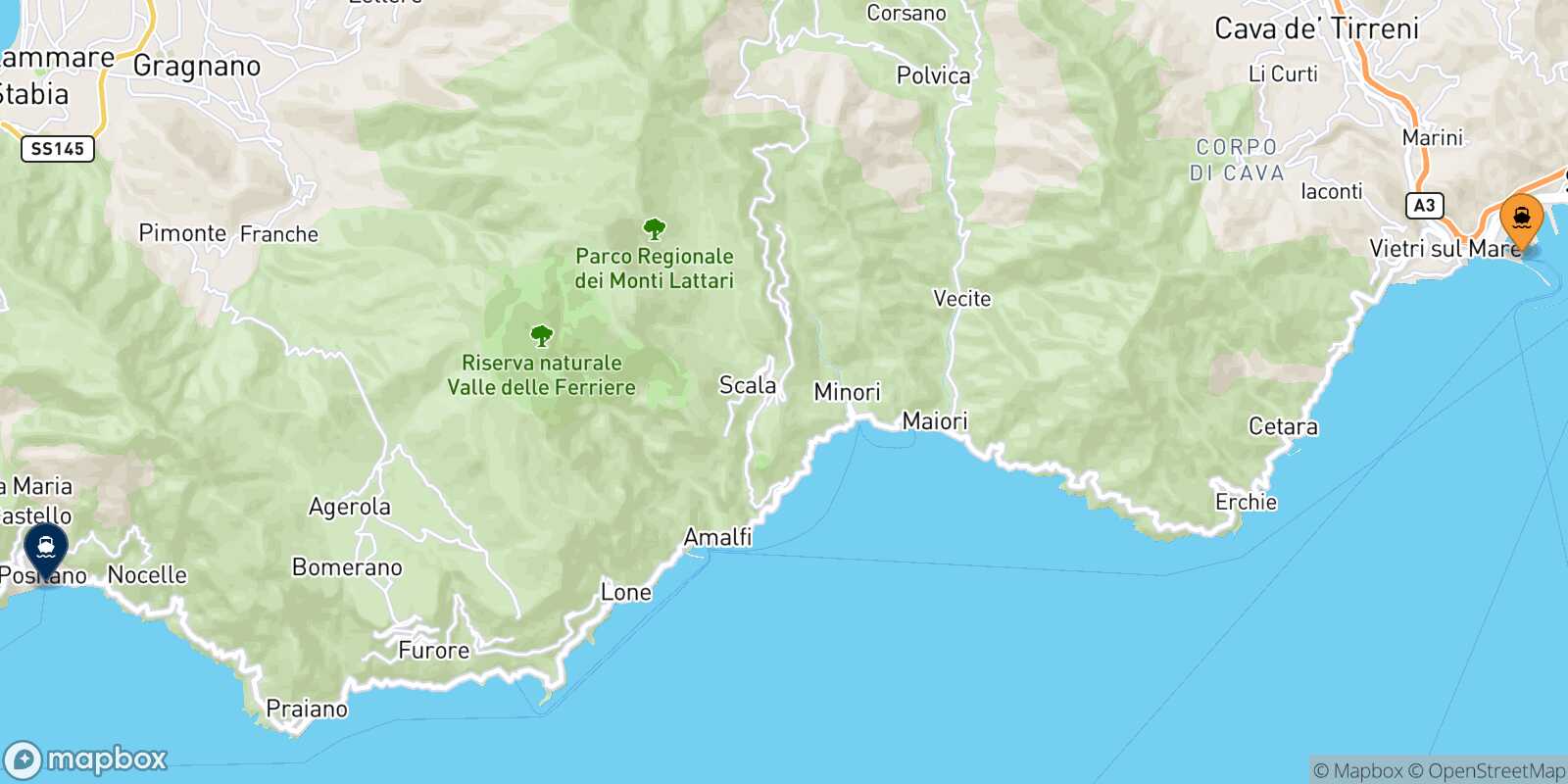 Mappa della rotta Salerno Positano