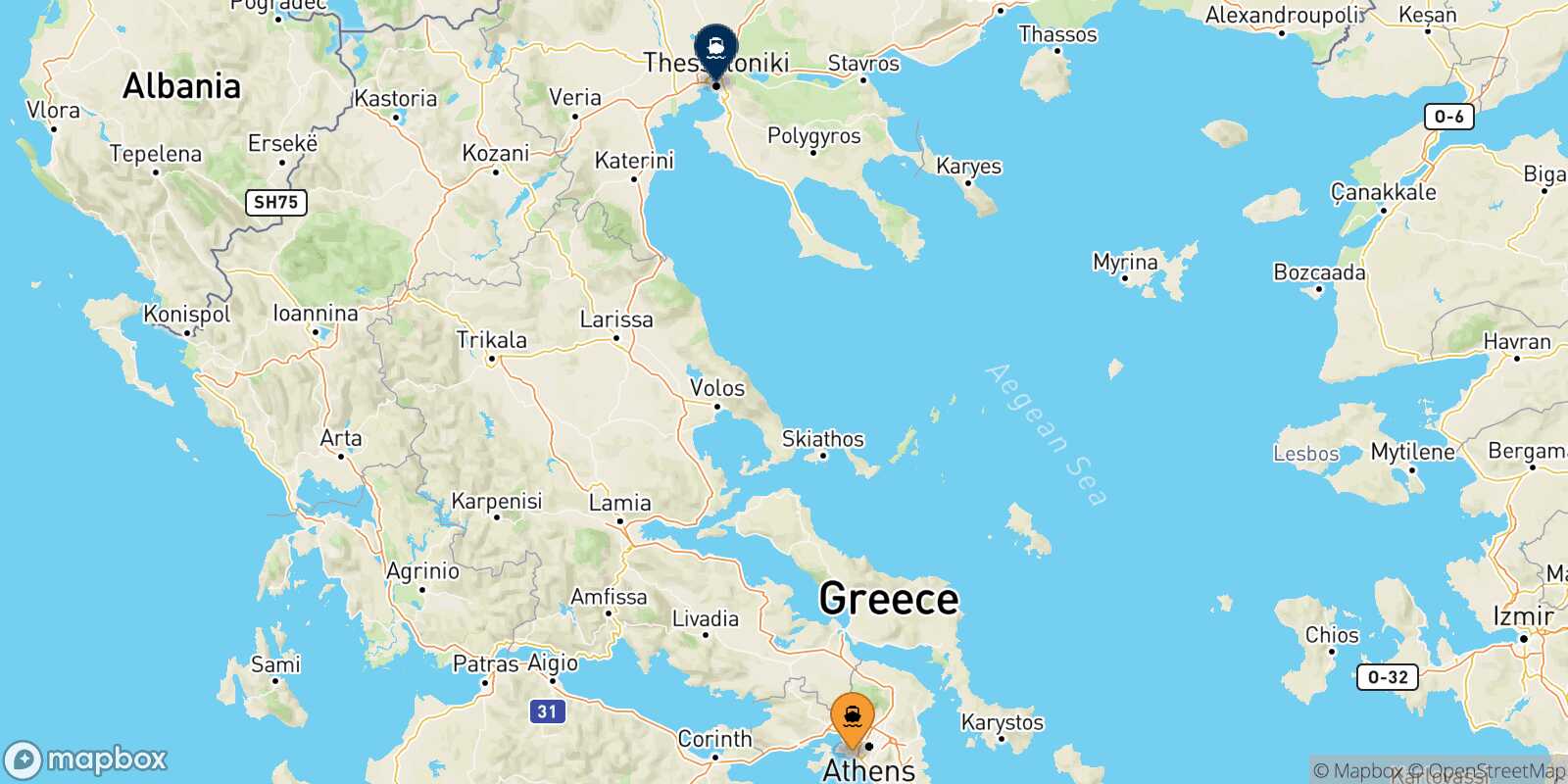 Mappa della rotta Pireo Salonicco