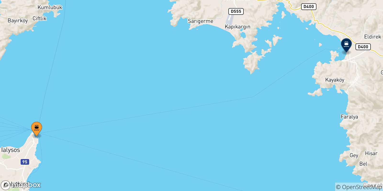 Mappa delle possibili rotte tra le Isole Dodecaneso e Fethiye