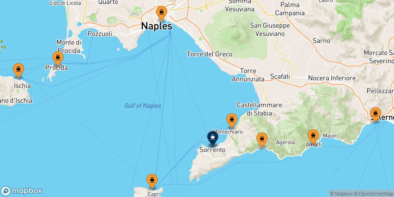 Mappa dei porti collegati con  Sorrento