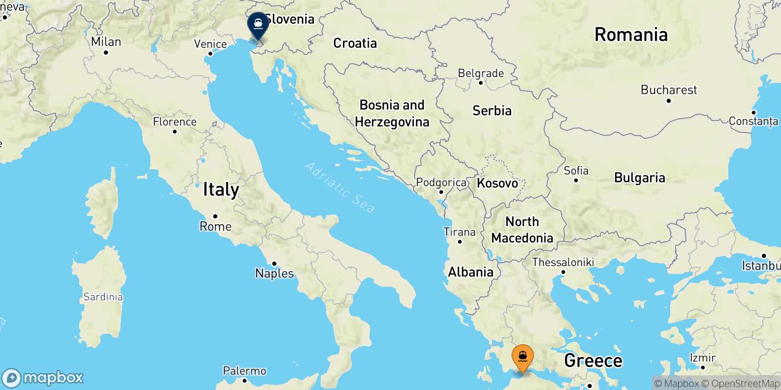 Mappa della rotta Patrasso Trieste