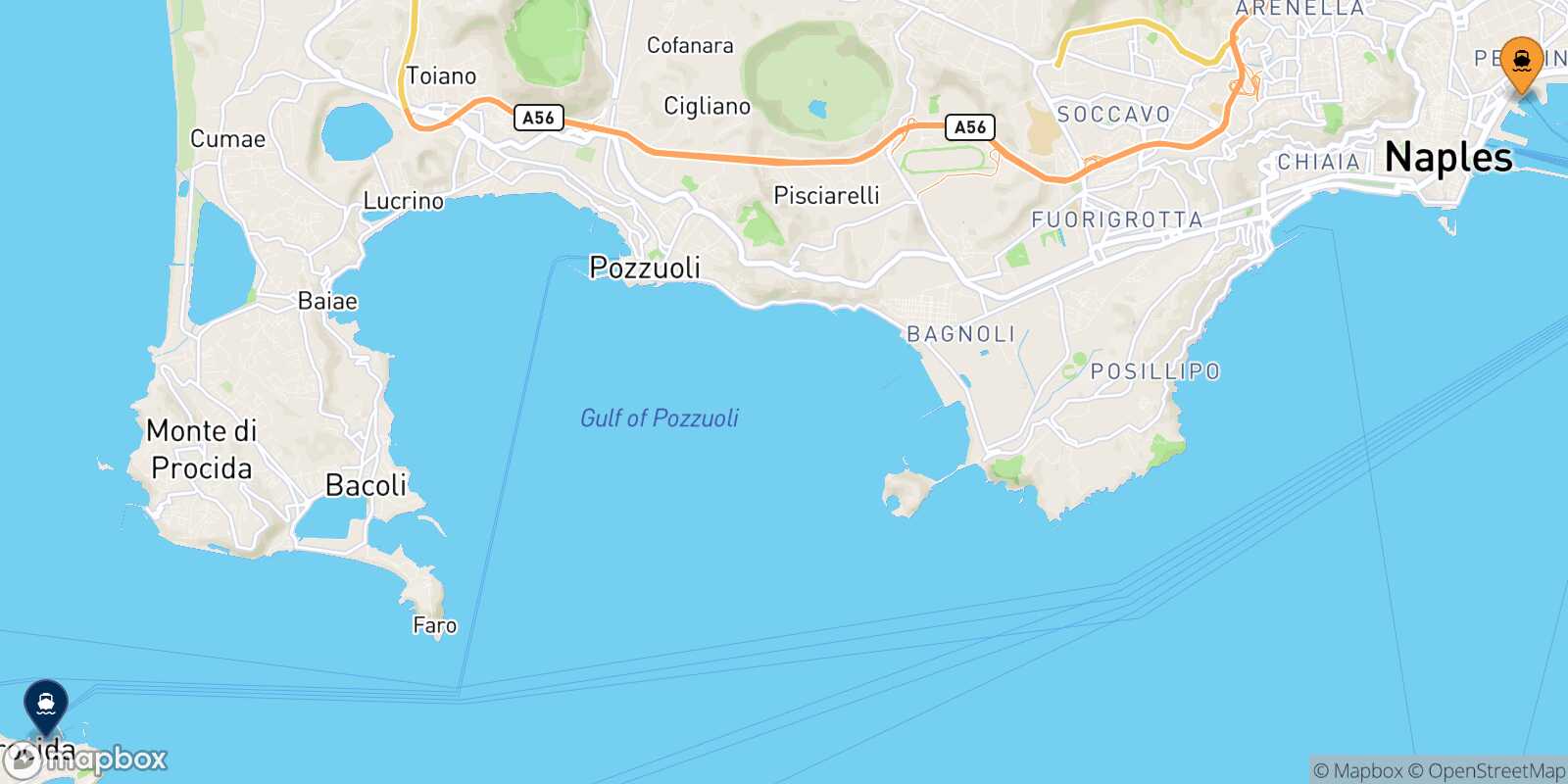 Mappa della rotta Napoli Beverello Procida