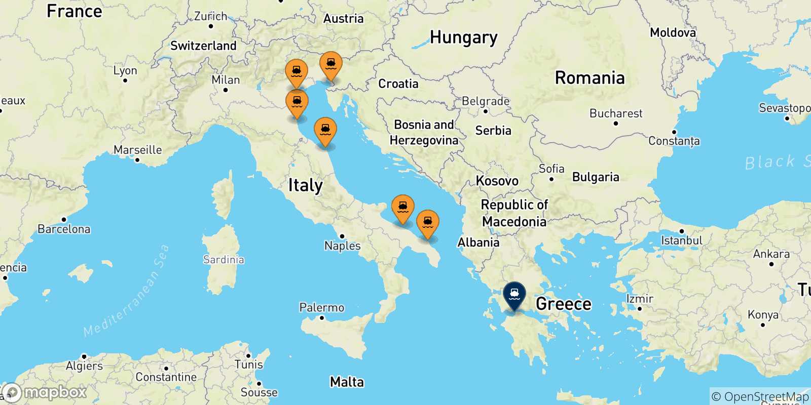 Mappa delle possibili rotte tra l'Italia e Patrasso