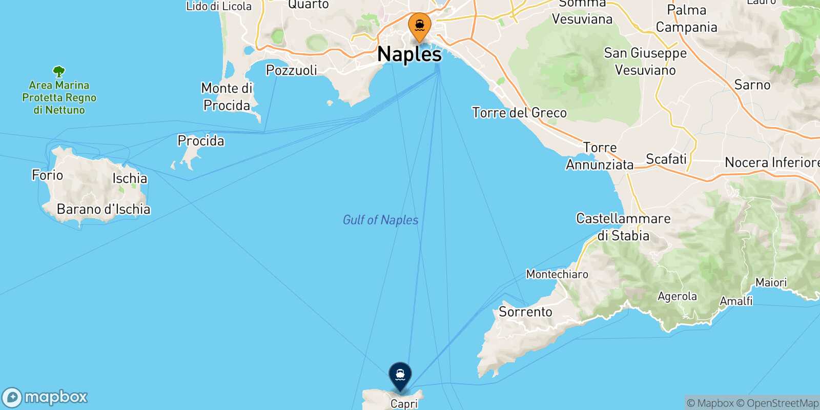Mappa della rotta Napoli Beverello Capri