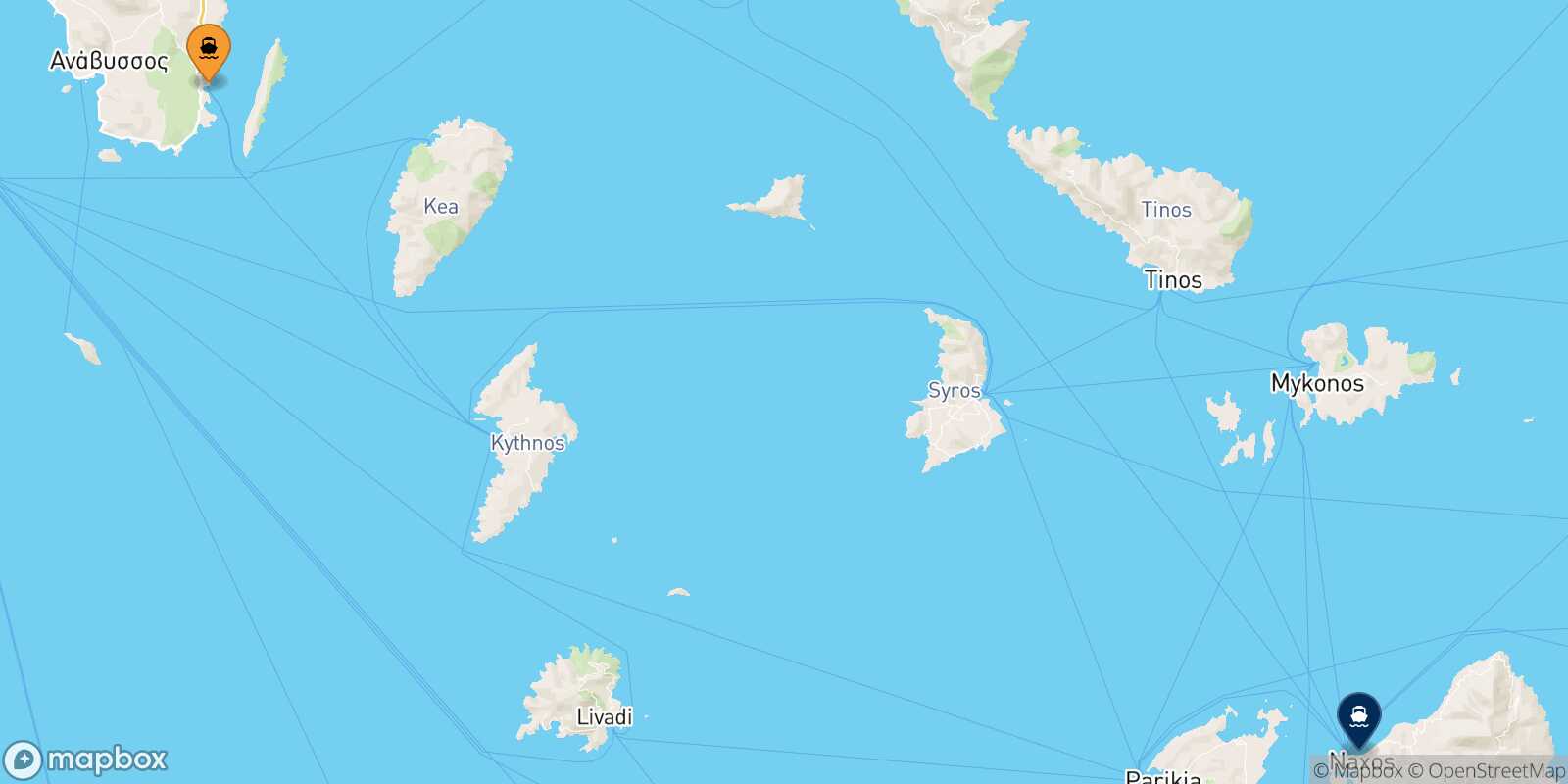 Mappa della rotta Lavrio Naxos