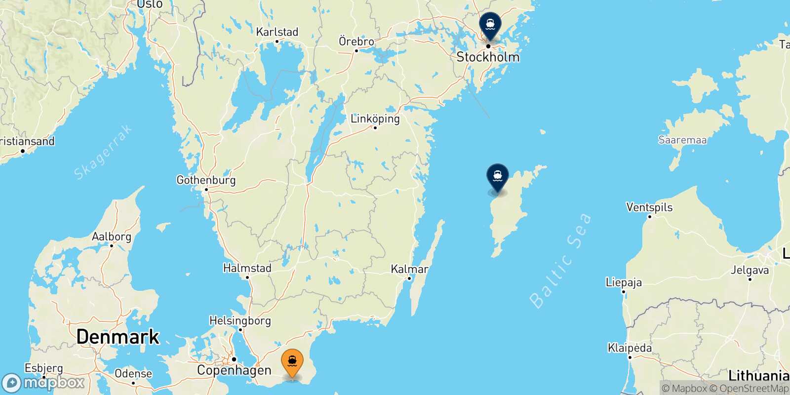 Mappa delle destinazioni raggiungibili da Ystad