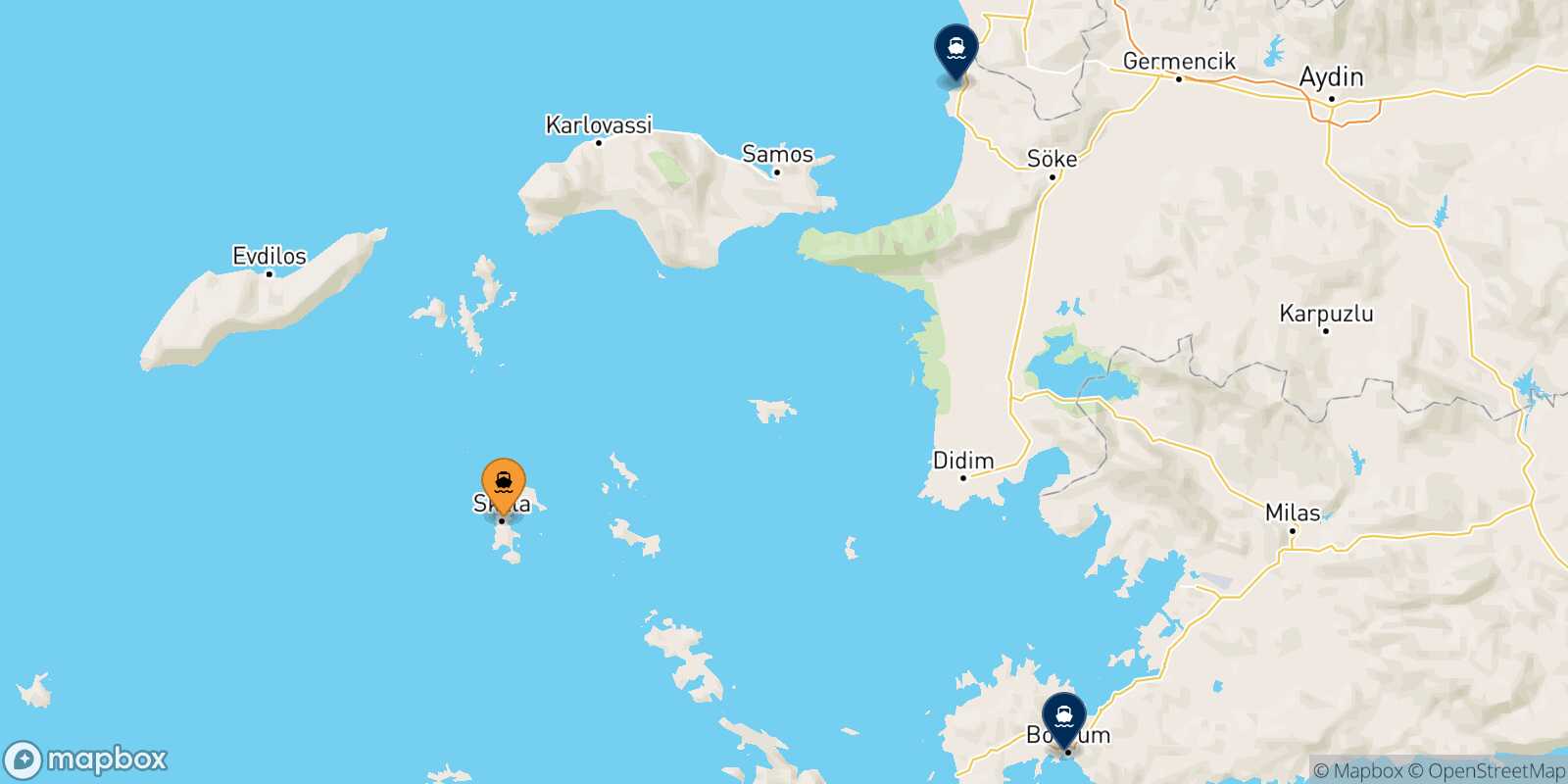 Mappa delle destinazioni raggiungibili da Patmos