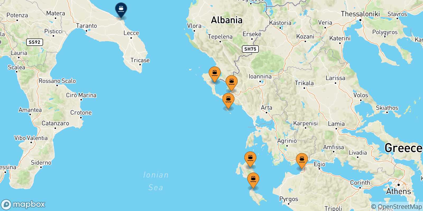Mappa delle possibili rotte tra la Grecia e Brindisi