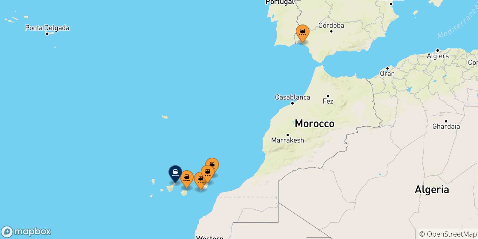 Mappa delle possibili rotte tra la Spagna e Santa Cruz De Tenerife