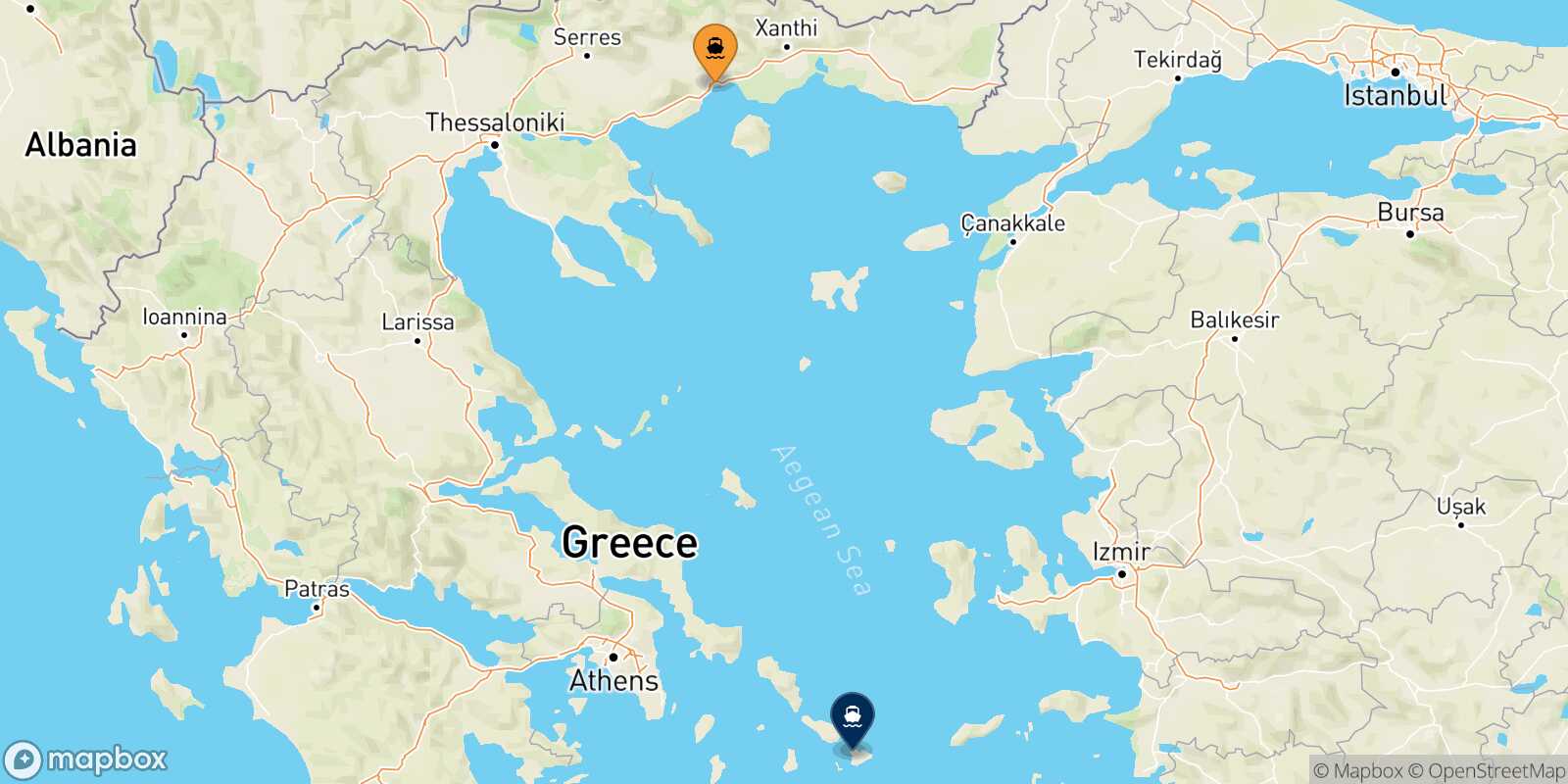 Mappa della rotta Kavala Mykonos