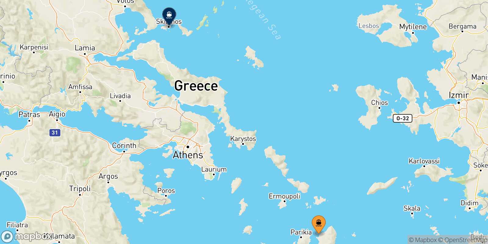 Mappa della rotta Naxos Skiathos