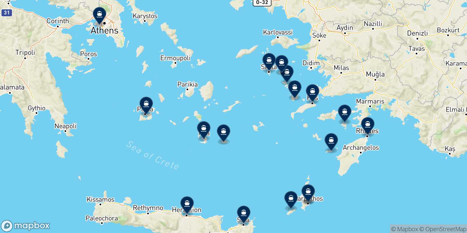 Mappa delle destinazioni raggiungibili da Karpathos