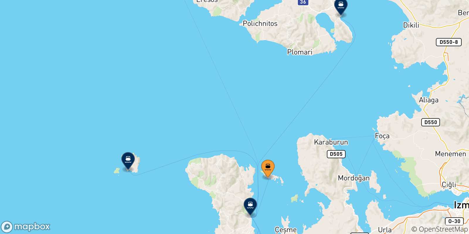 Mappa delle possibili rotte tra Inousses e le Isole Egeo Nord Orientale