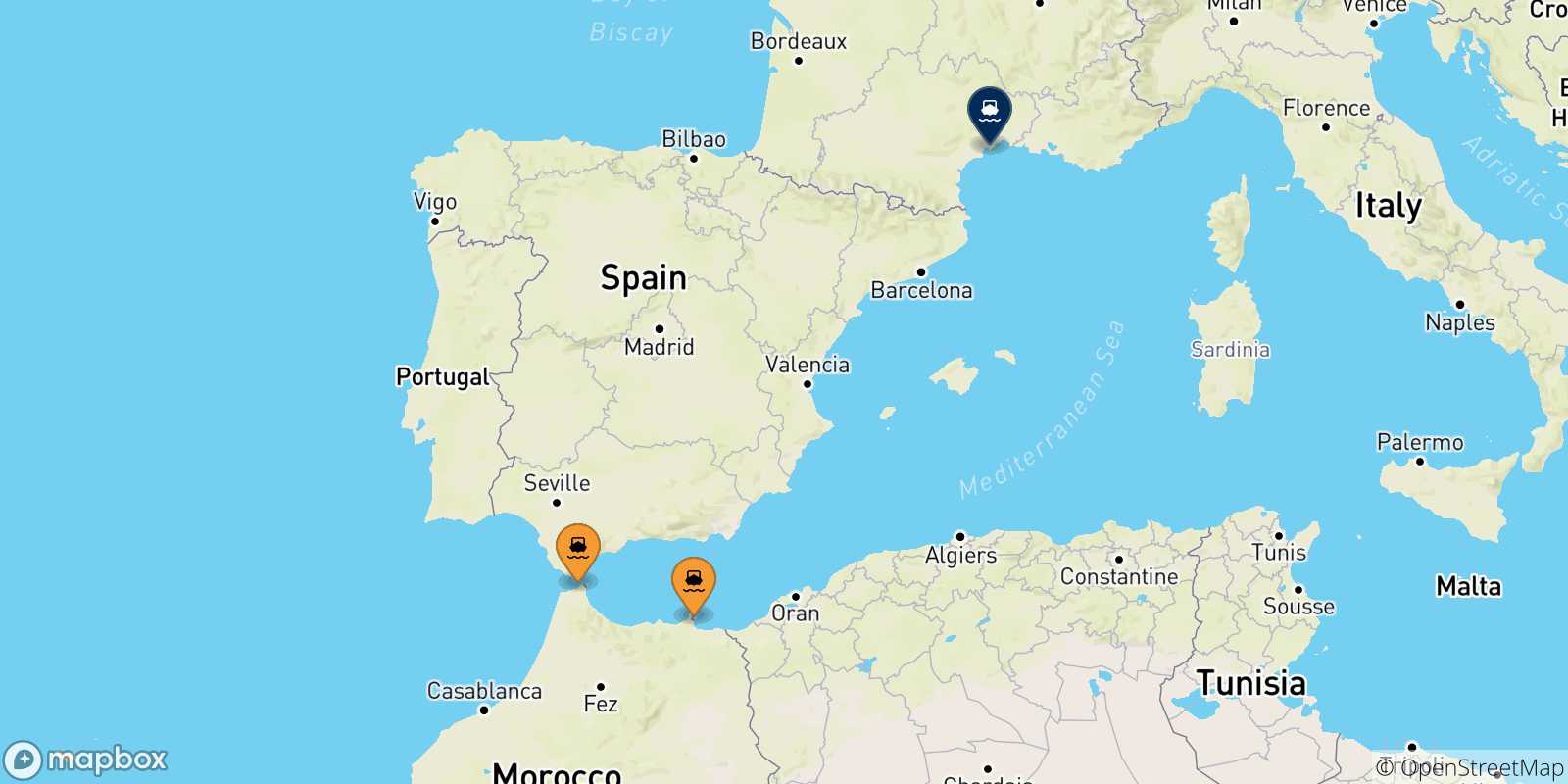 Mappa delle possibili rotte tra il Marocco e la Francia