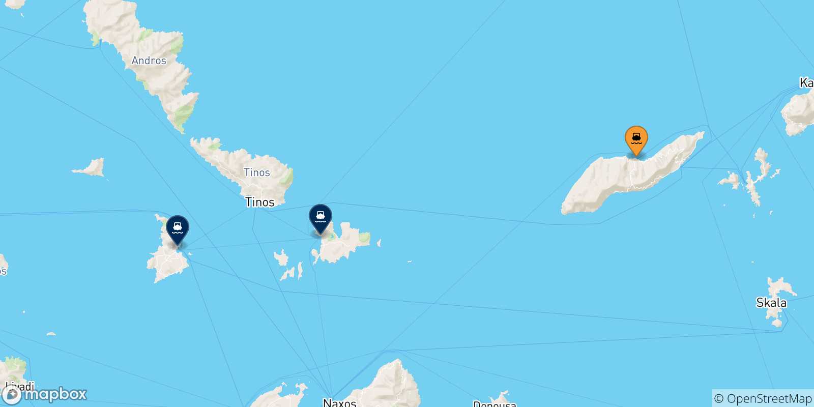 Mappa delle possibili rotte tra Evdilos (Ikaria) e le Isole Cicladi