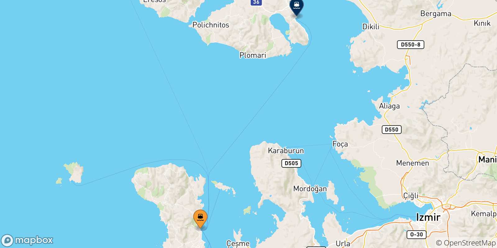 Mappa delle possibili rotte tra Mesta Chios e le Isole Egeo Nord Orientale