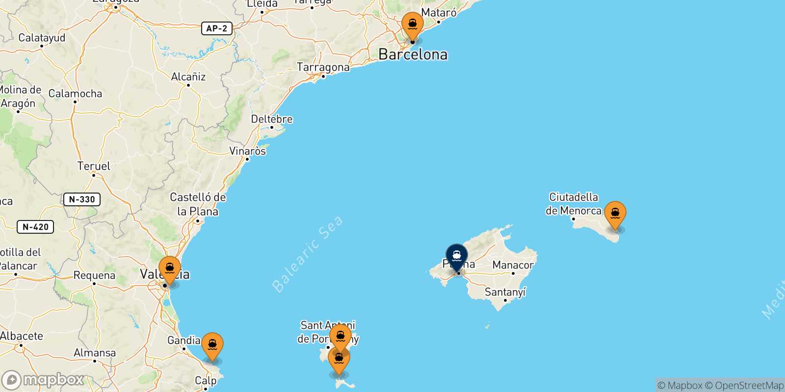 Mappa dei porti collegati con  Palma Di Maiorca