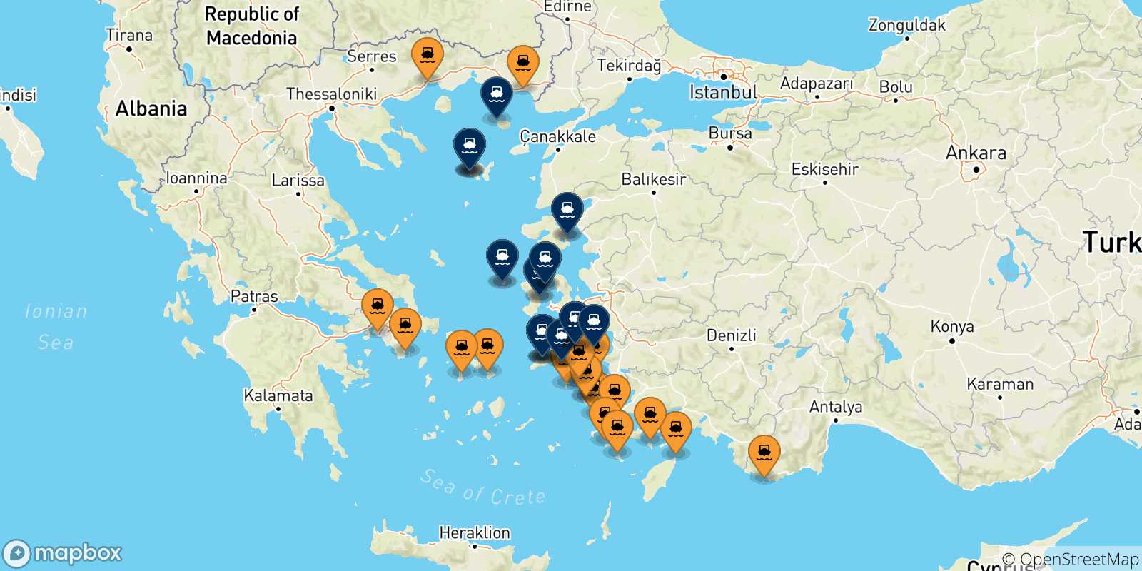 Mappa delle possibili rotte tra la Grecia e le Isole Egeo Nord Orientale