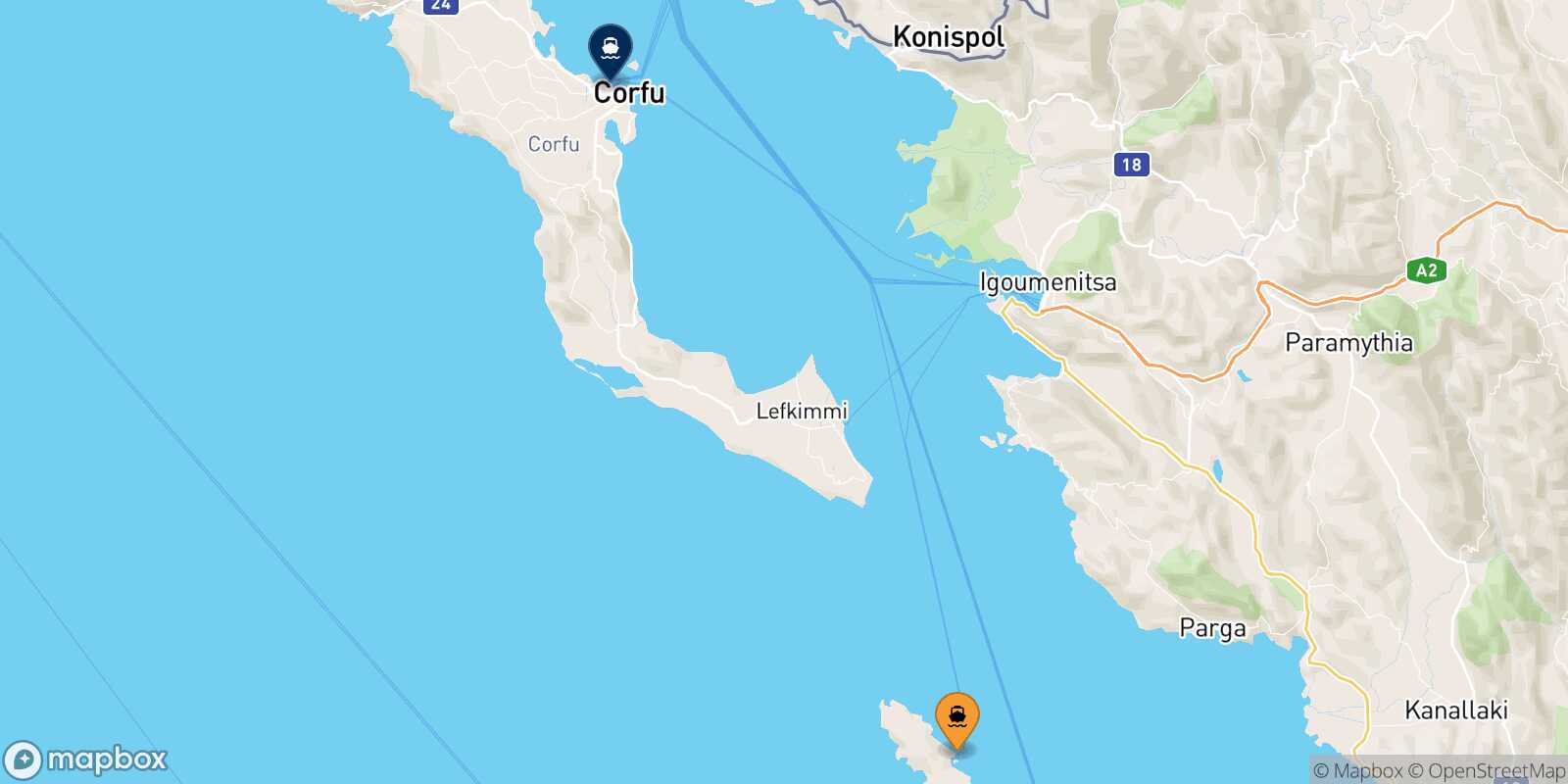 Mappa della rotta Paxos Corfu