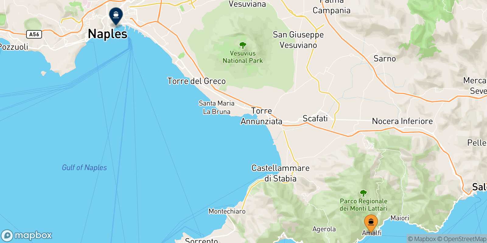 Mappa della rotta Amalfi Napoli Beverello