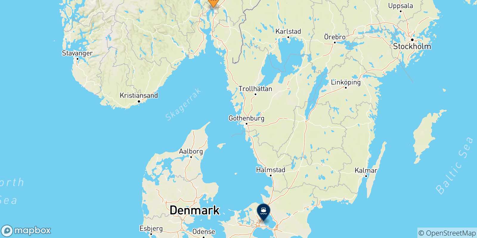 Mappa delle possibili rotte tra Oslo e la Danimarca