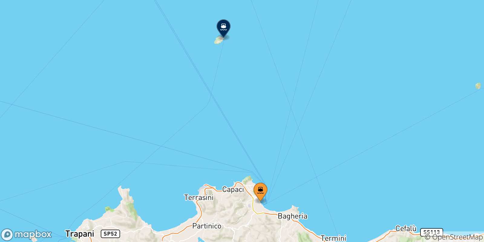 Mappa delle possibili rotte tra l'Italia e l'Isola Di Ustica