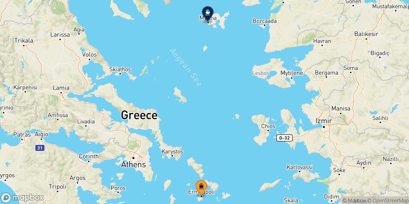 Mappa della rotta Syros Mirina (Limnos)