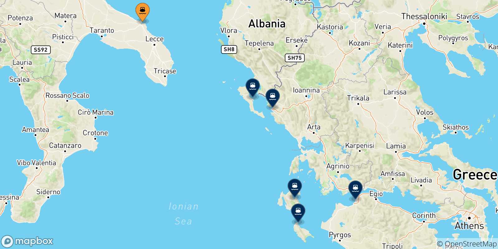 Mappa delle possibili rotte tra Brindisi e la Grecia