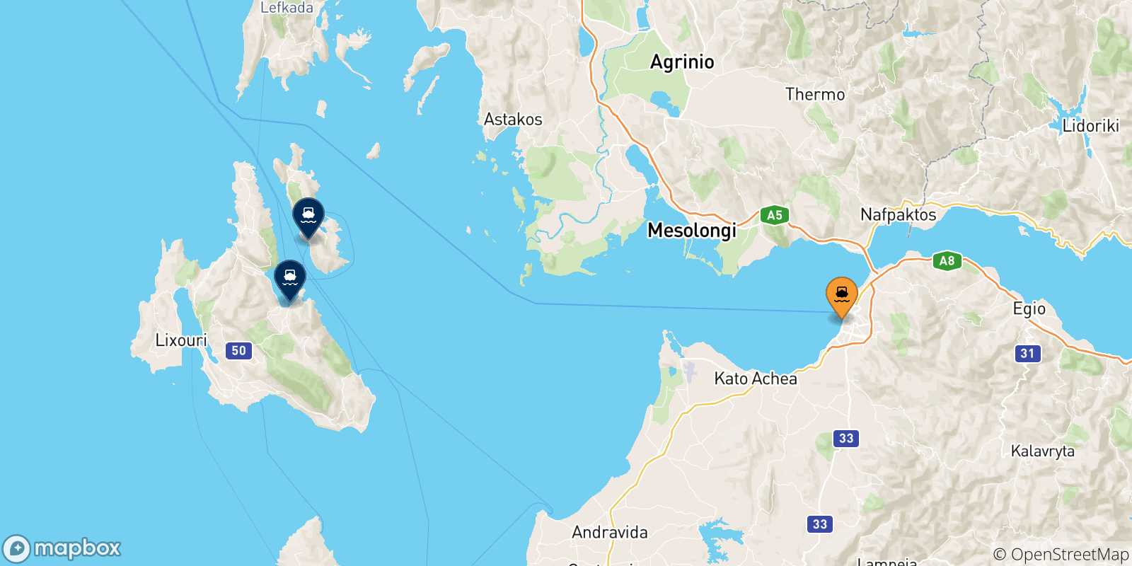 Mappa delle possibili rotte tra Patrasso e la Grecia