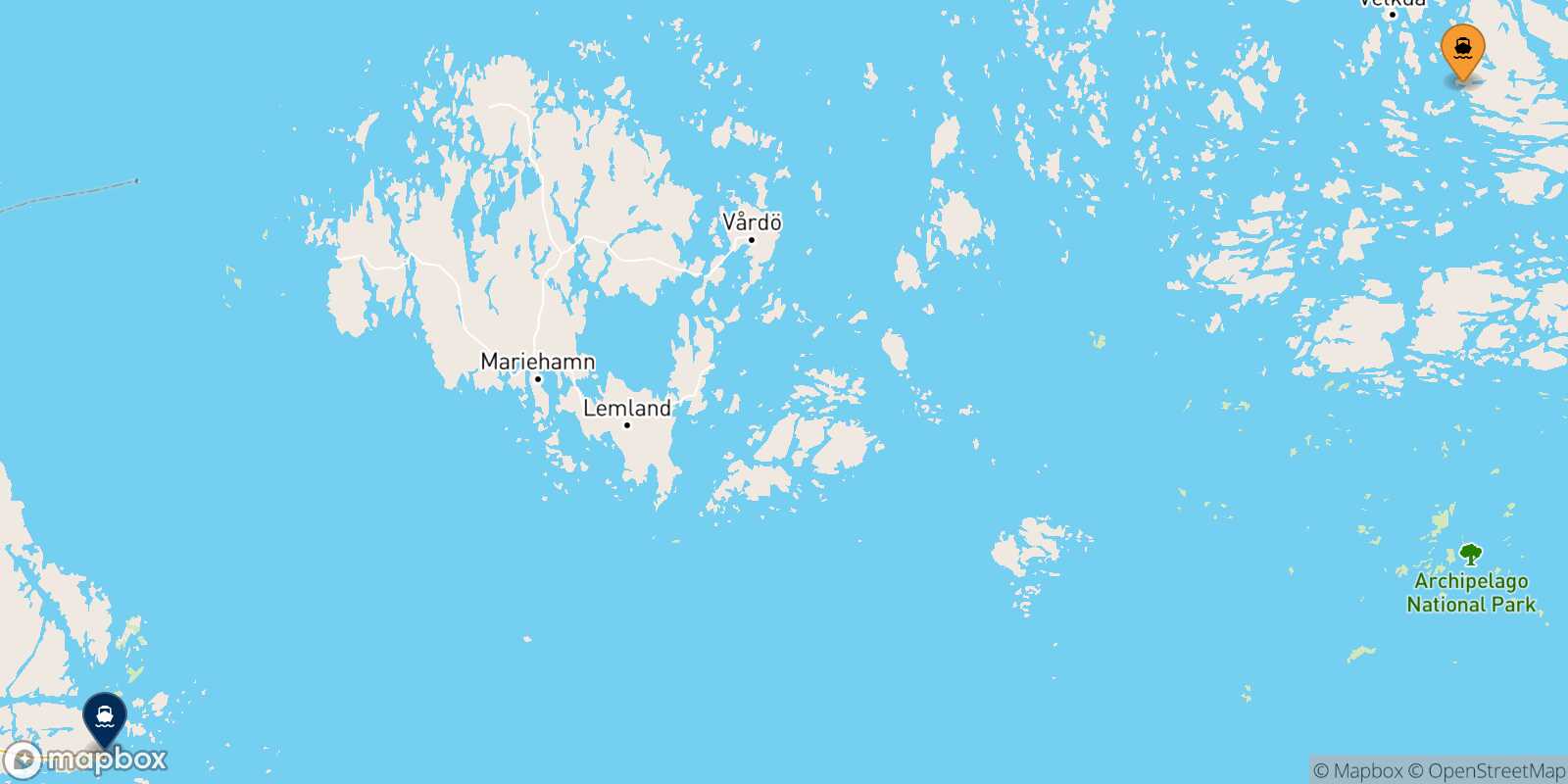Mappa delle destinazioni raggiungibili da Naantali