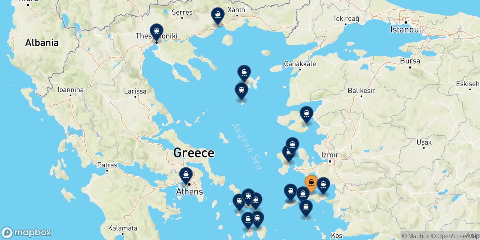 Mappa delle destinazioni raggiungibili da Karlovassi (Samos)